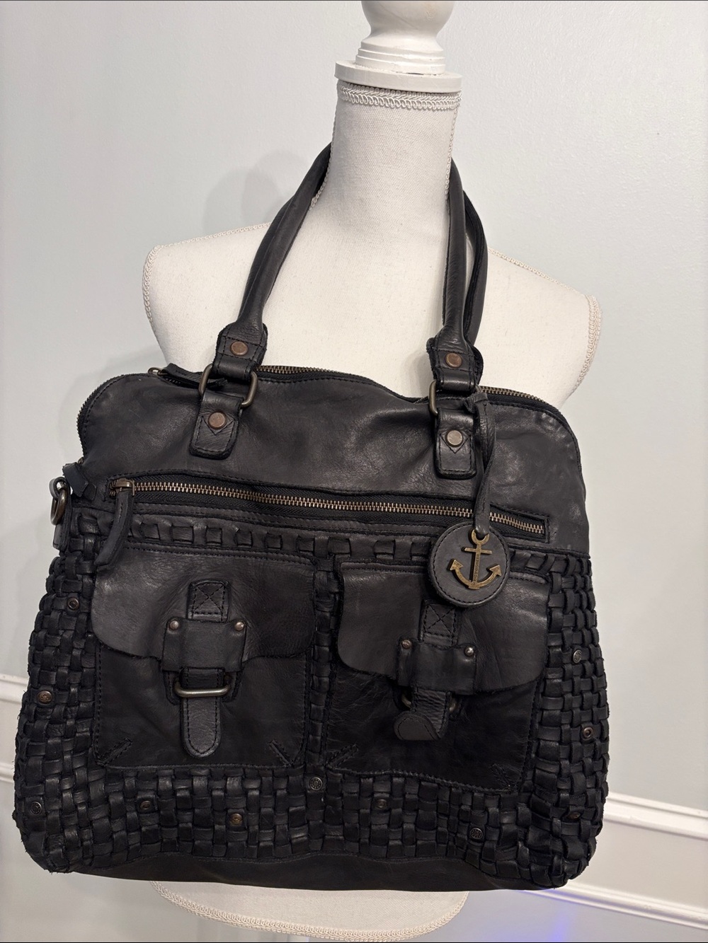 Woven Leather Shoulder Bag with Anchor Charm - Black